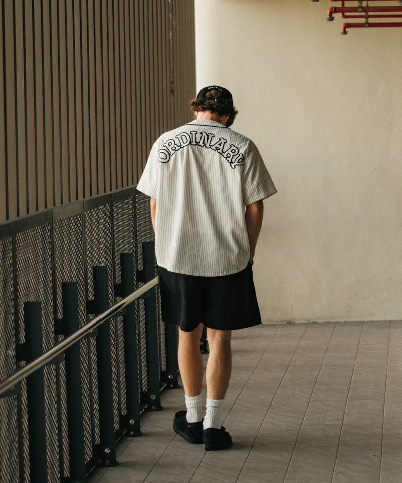 直紋泡泡紗貼布棒球衫