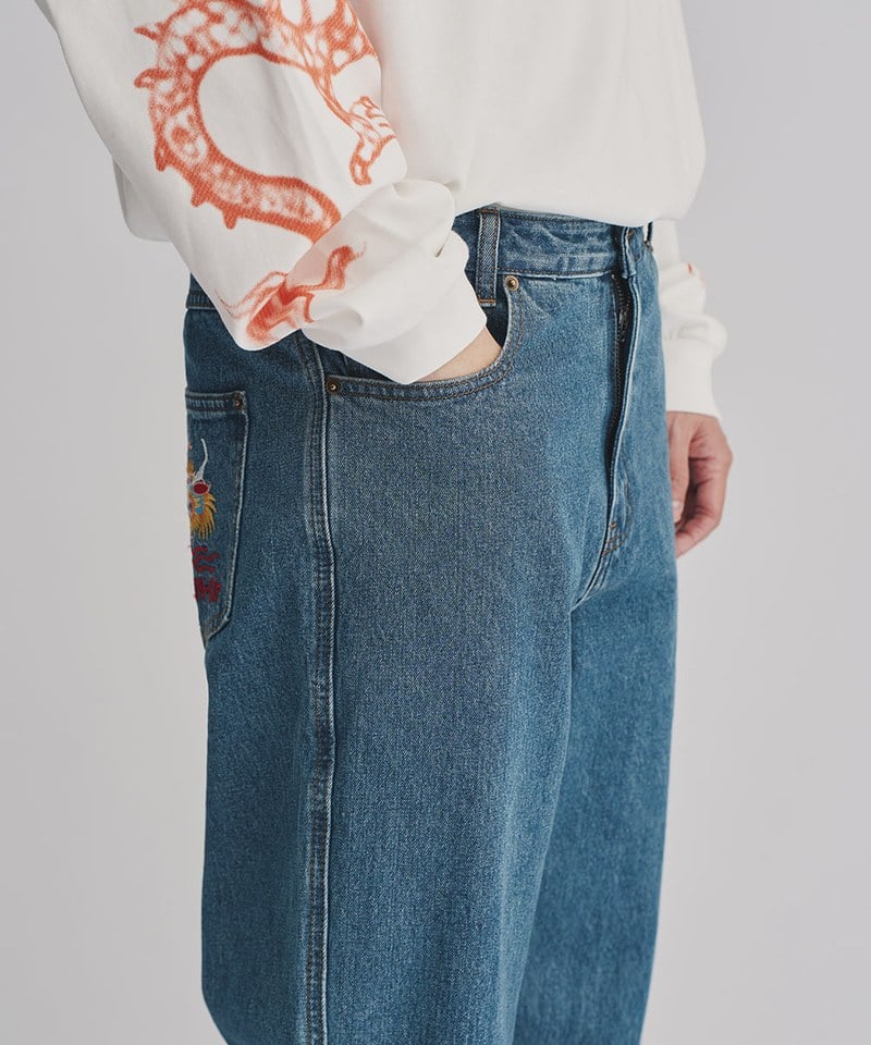 龍年刺繡丹寧直筒長褲