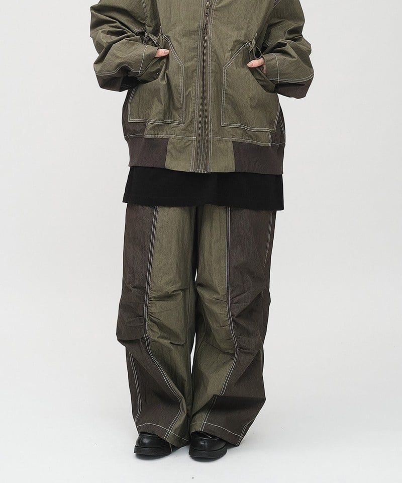 拼接軍風皺褶寬褲