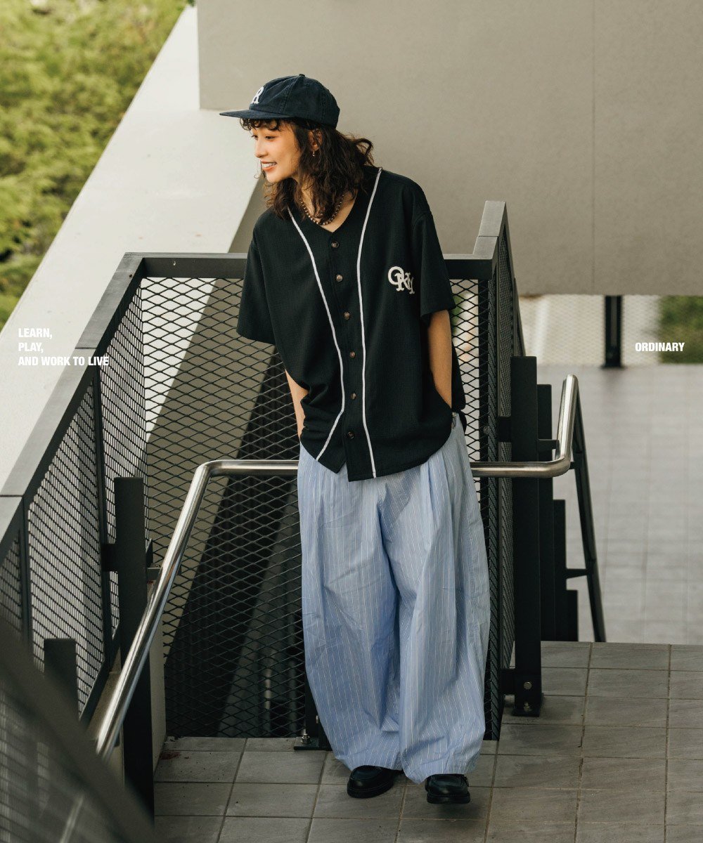 直紋泡泡紗貼布棒球衫